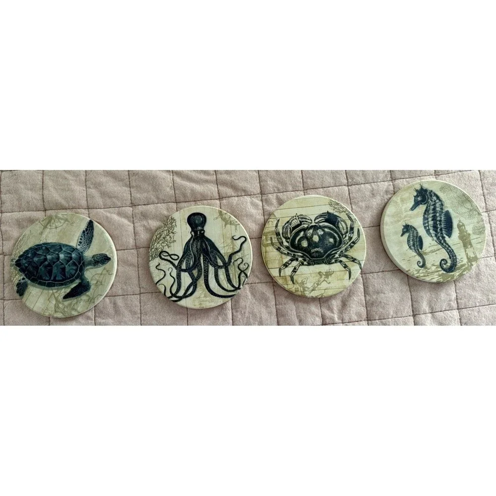 Absorbent Coasters Natural Ceramic Thirsty Stone Navy Blue Octopus Seahorse Crab